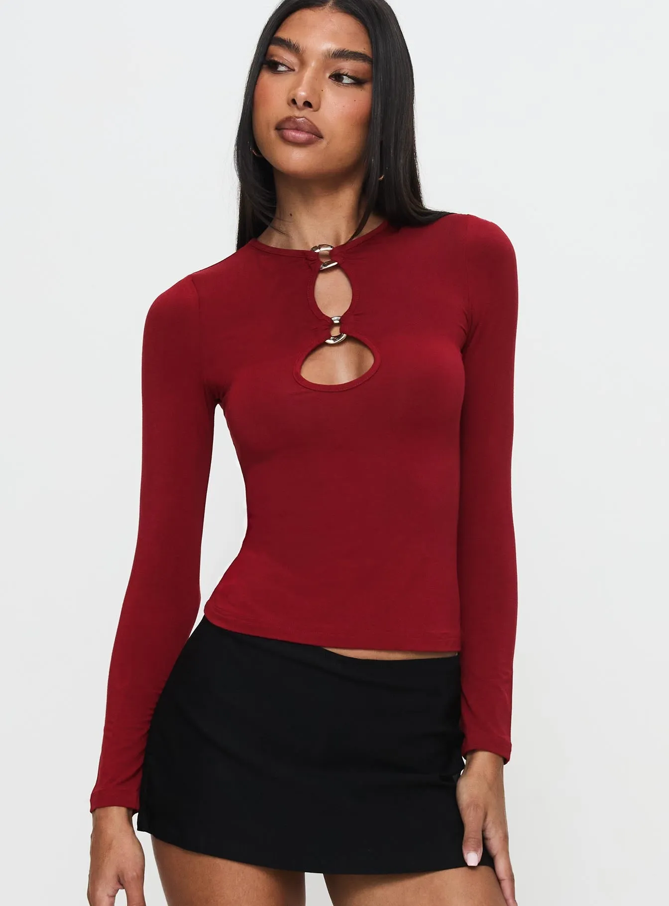 Orlaith Cut Out Long Sleeve Top Burgundy sold by Princess Polly