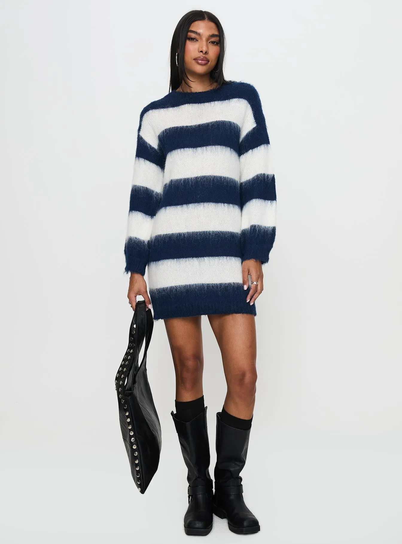 Iryna Long Sleeve Knit Mini Dress Navy / White Stripe sold by Princess Polly product image thumbnail 2