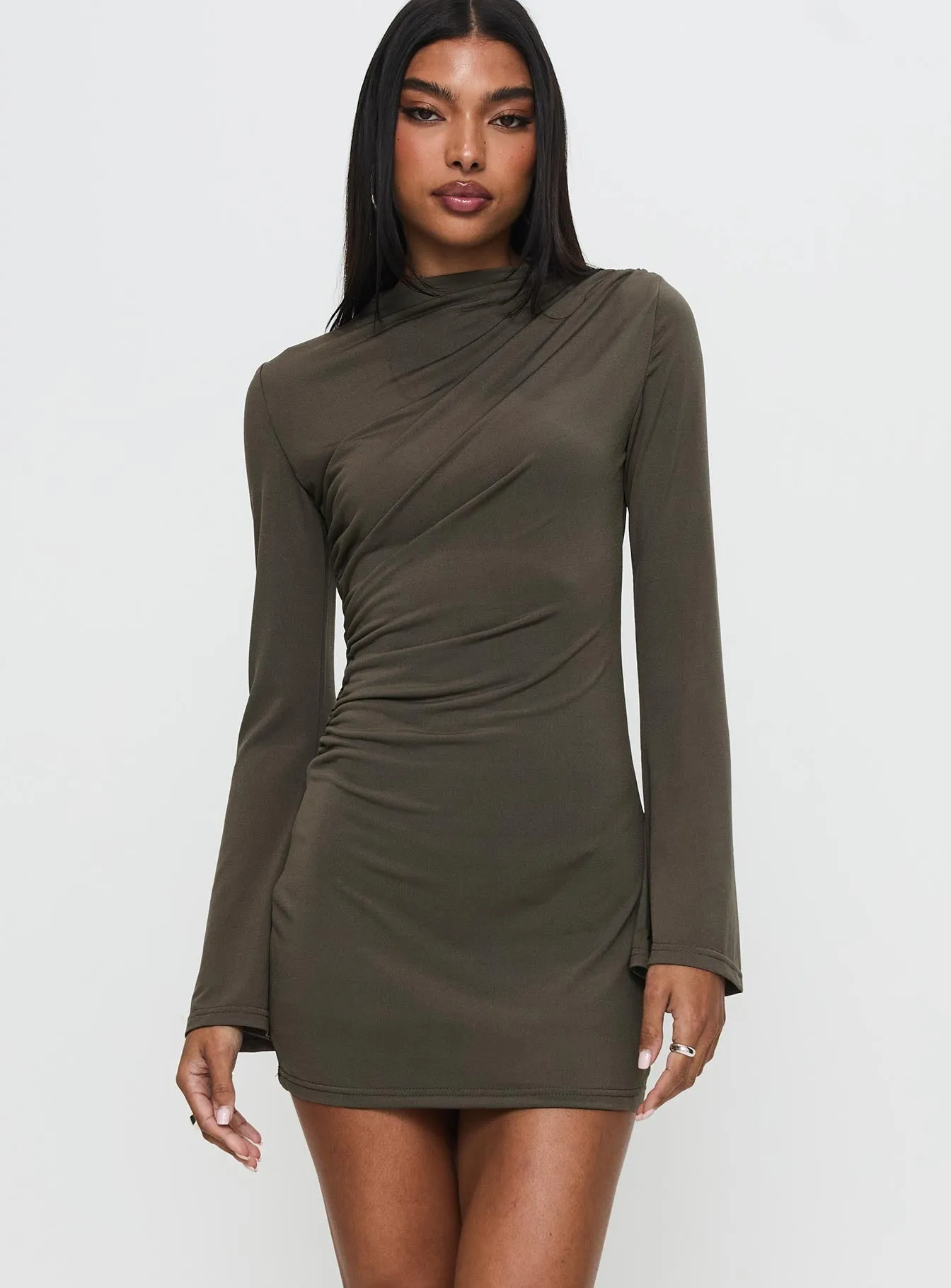 Arte Deco Long Sleeve Mini Dress Mocha sold by Princess Polly