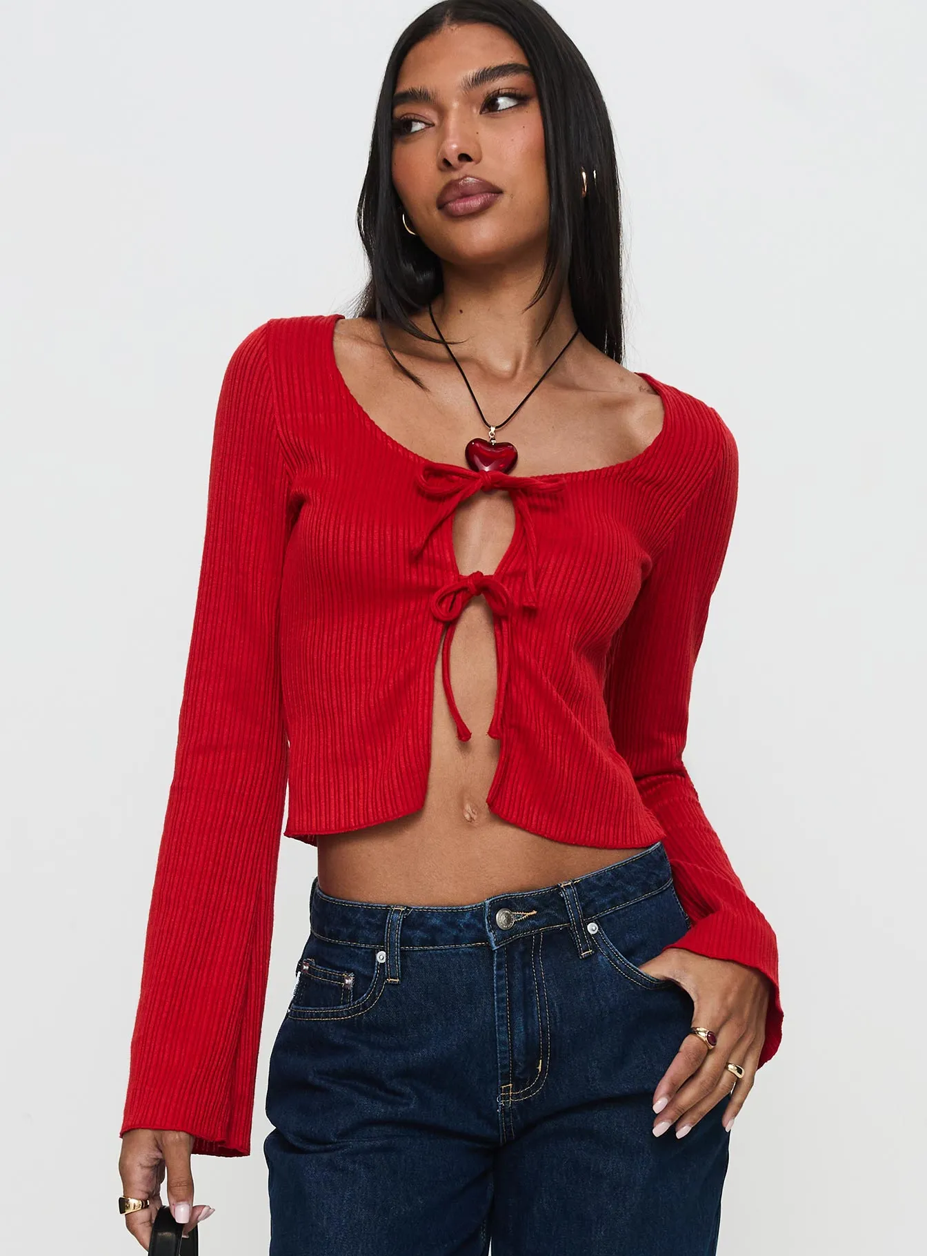 Rowynne Long Sleeve Tie Up Top Red sold by Princess Polly