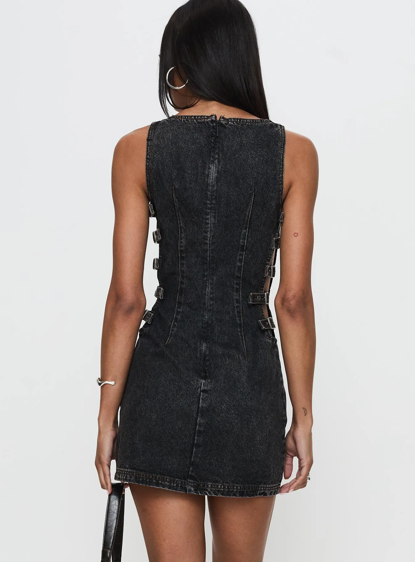 Chatter Buckle Side Denim Mini Dress Charcoal sold by Princess Polly product image thumbnail 5