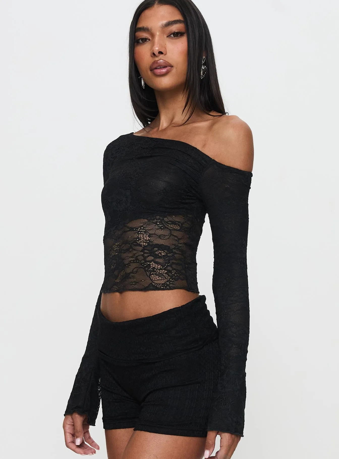 Tiberius Lace Asymmetrical Long Sleeve Top Black sold by Princess Polly product image thumbnail 3