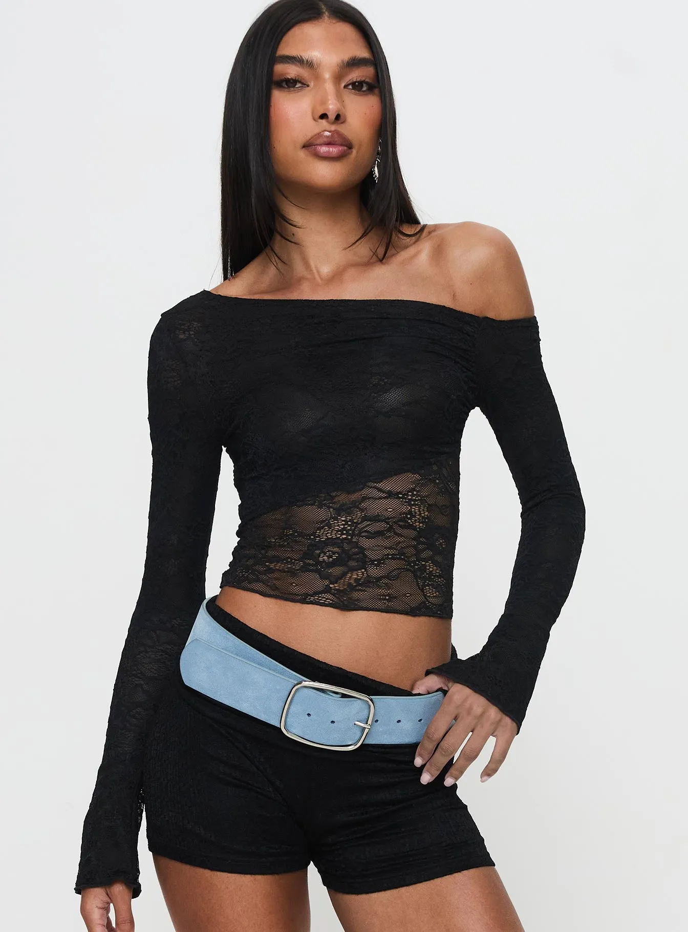 Tiberius Lace Asymmetrical Long Sleeve Top Black sold by Princess Polly