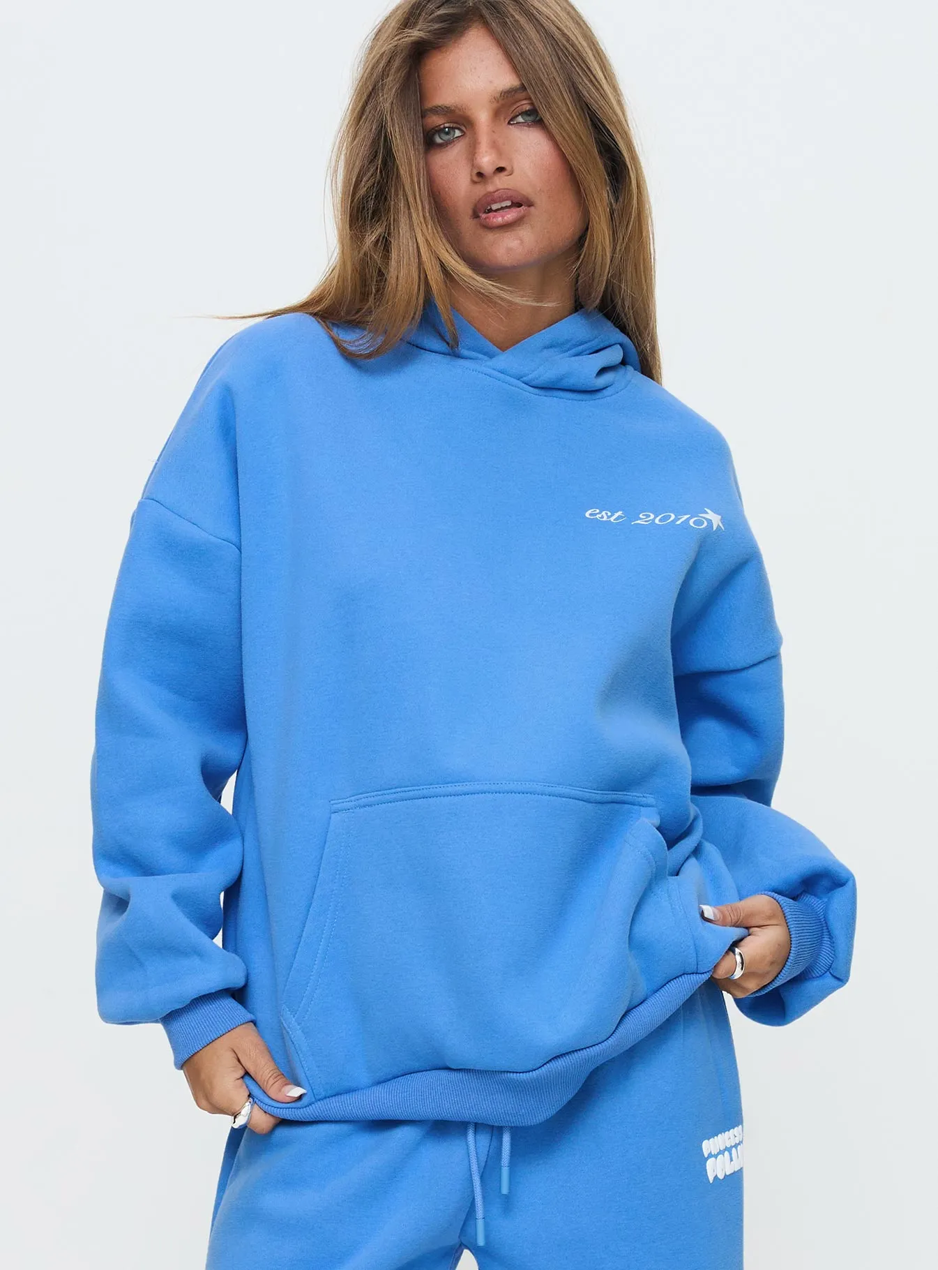 Princess Polly Hooded Sweatshirt Bubble Text Blue / White sold by Princess Polly