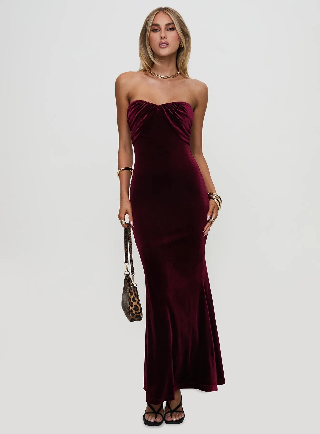 Irena Strapless Maxi Dress Burgundy sold by Princess Polly