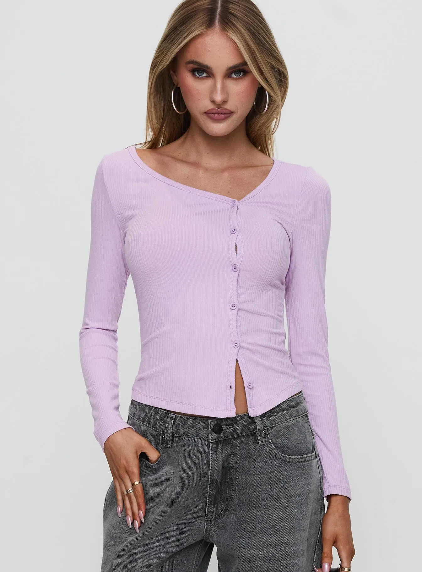 Sadira Long Sleeve Button Up Top Lilac sold by Princess Polly
