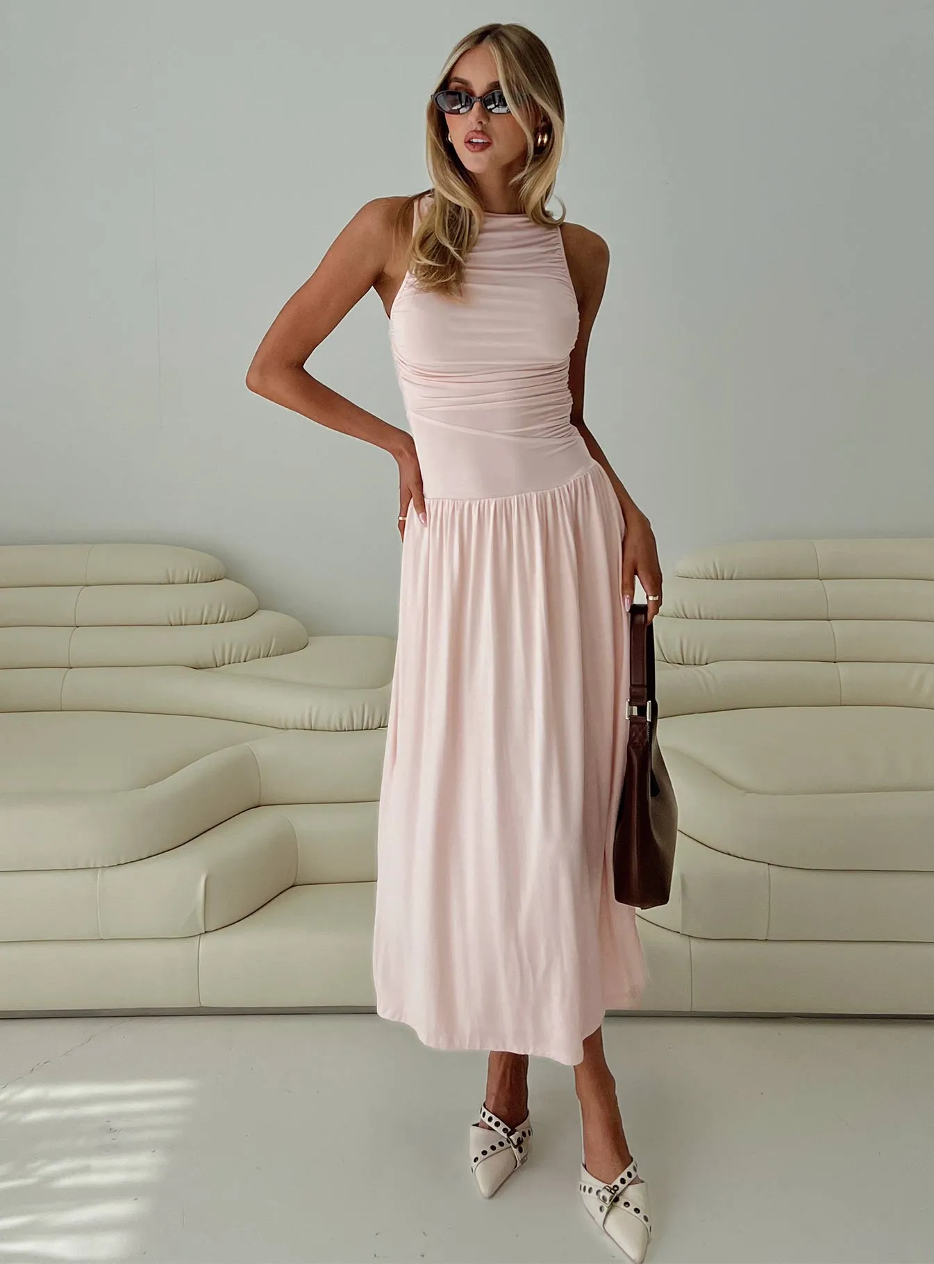 Reveur Ruched Maxi Dress Pink sold by Princess Polly