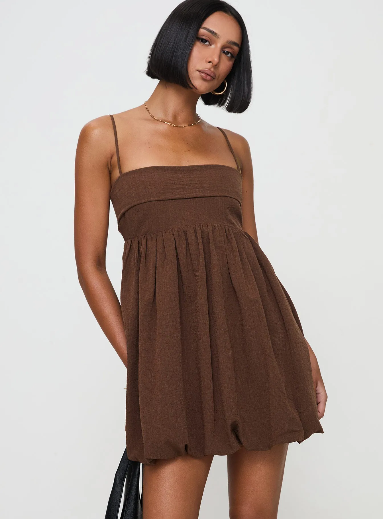 Layken Bubble Hem Mini Dress Chocolate Tall sold by Princess Polly product image thumbnail 2