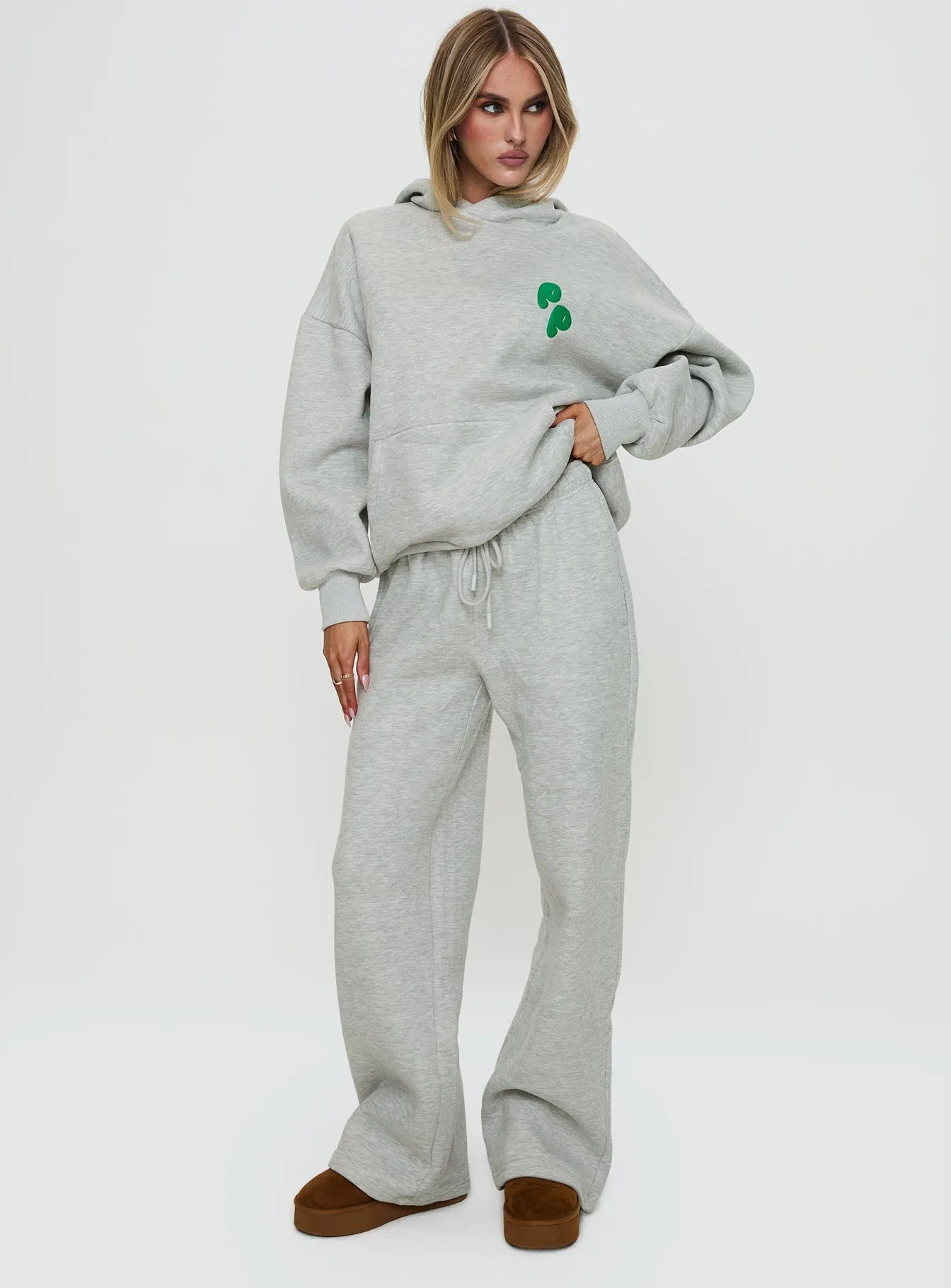 Princess Polly Wide Leg Track Pant Bubble Text Grey Marle / Green sold by Princess Polly