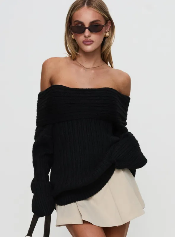Snowie Off Shoulder Knit Sweater Black sold by Princess Polly