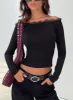 Scarva Off Shoulder Lace Trim Long Sleeve Top Black sold by Princess Polly