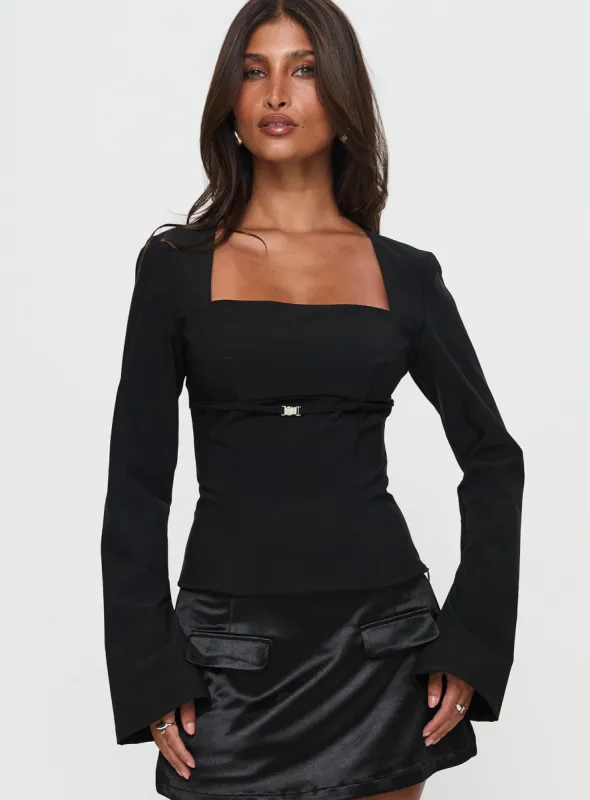 Flounce Long Sleeve Top Black sold by Princess Polly