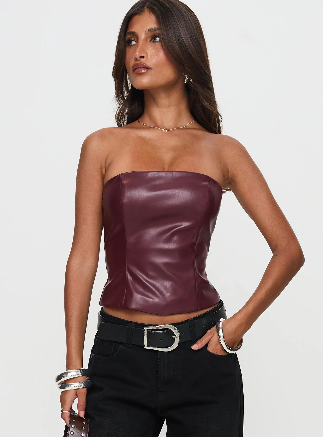 Oaklee Strapless Faux Leather Top Burgundy sold by Princess Polly