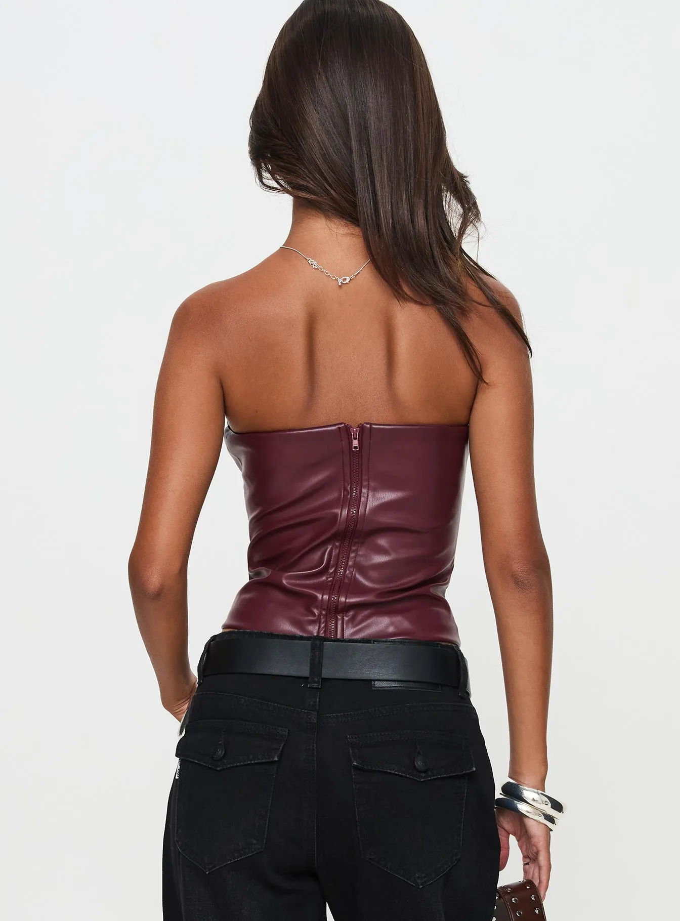 Oaklee Strapless Faux Leather Top Burgundy sold by Princess Polly product image thumbnail 4