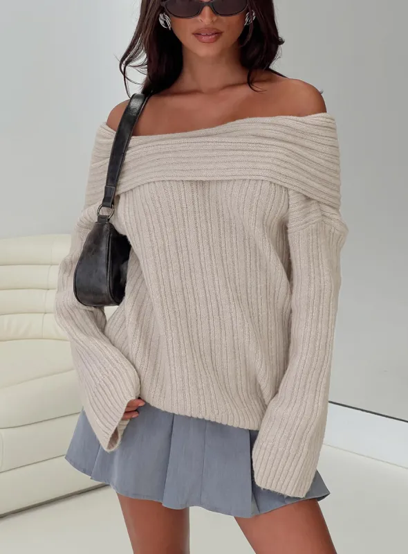 Mirrelle Off Shoulder Knit Sweater Beige sold by Princess Polly