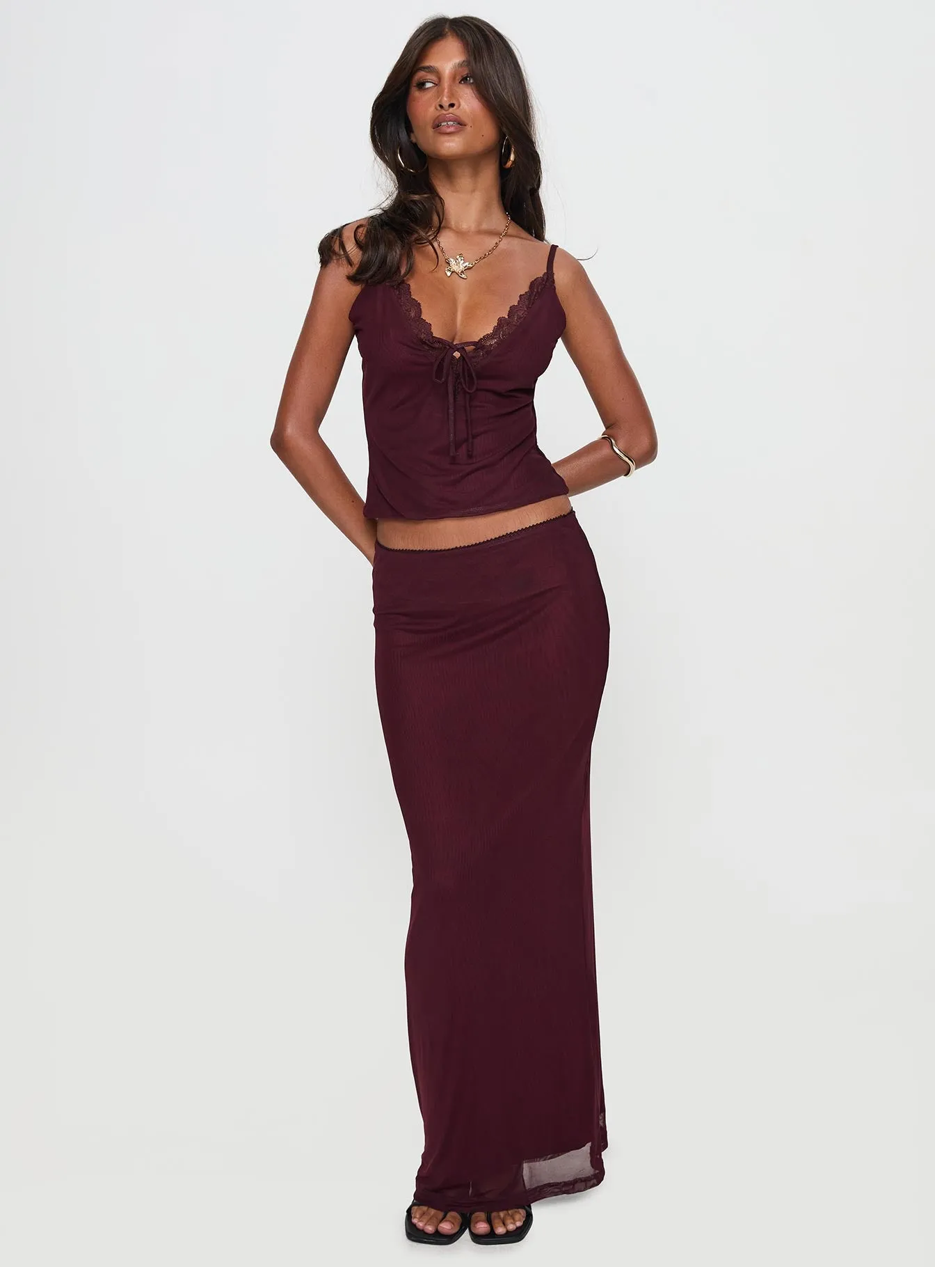 Reiko Lace Trim Tie Front Maxi Set Burgundy sold by Princess Polly product image thumbnail 2