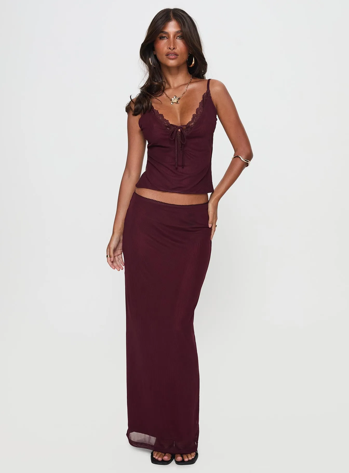 Reiko Lace Trim Tie Front Maxi Set Burgundy sold by Princess Polly