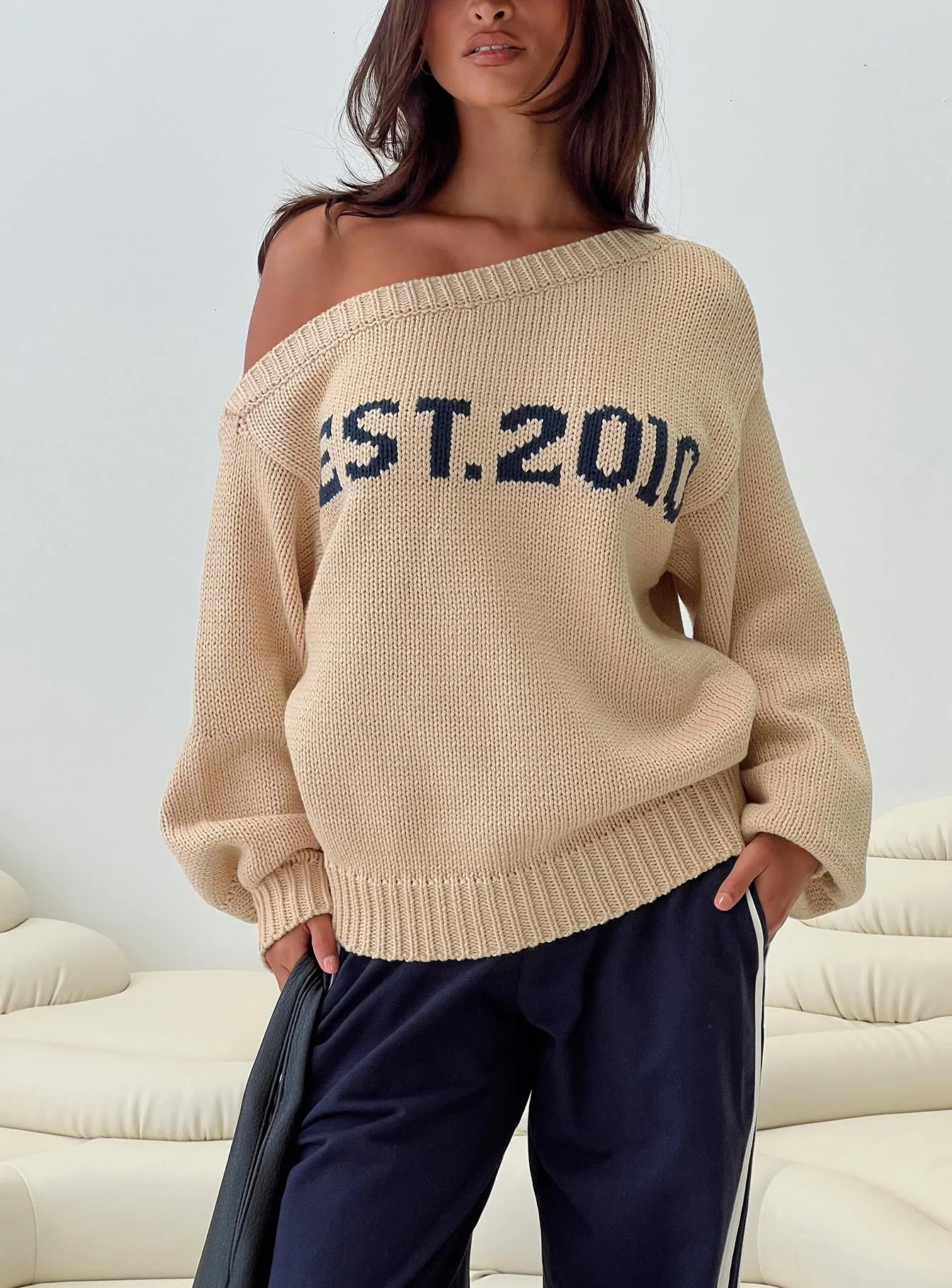 Jadynn Off Shoulder Knit Sweater Cream sold by Princess Polly