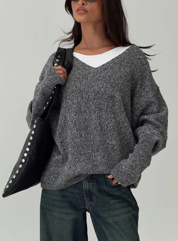 Beyond My Gaze V Neck Knit Sweater Grey sold by Princess Polly