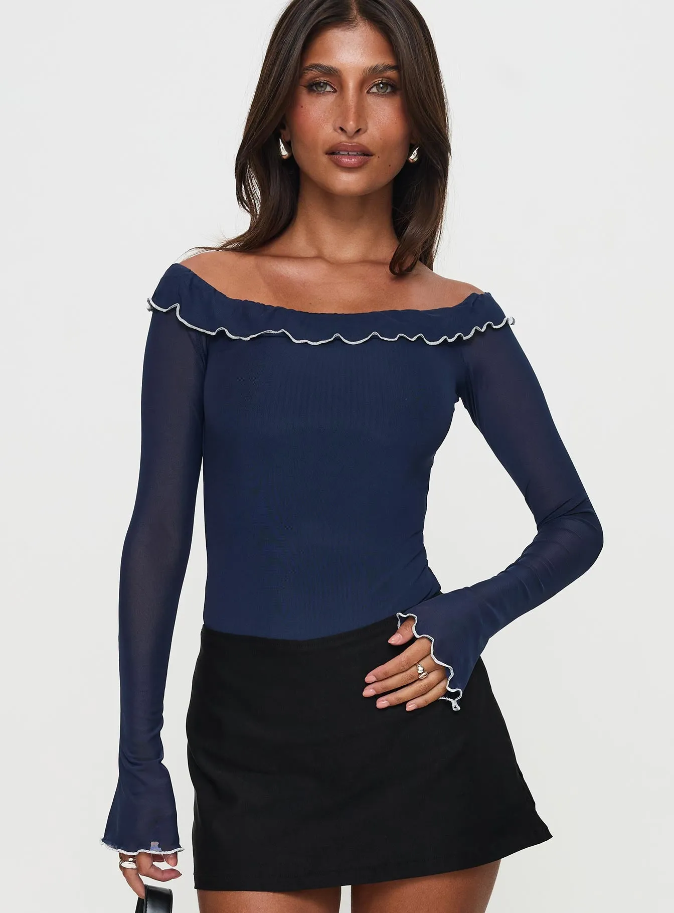Arsema Off The Shoulder Bodysuit Navy sold by Princess Polly