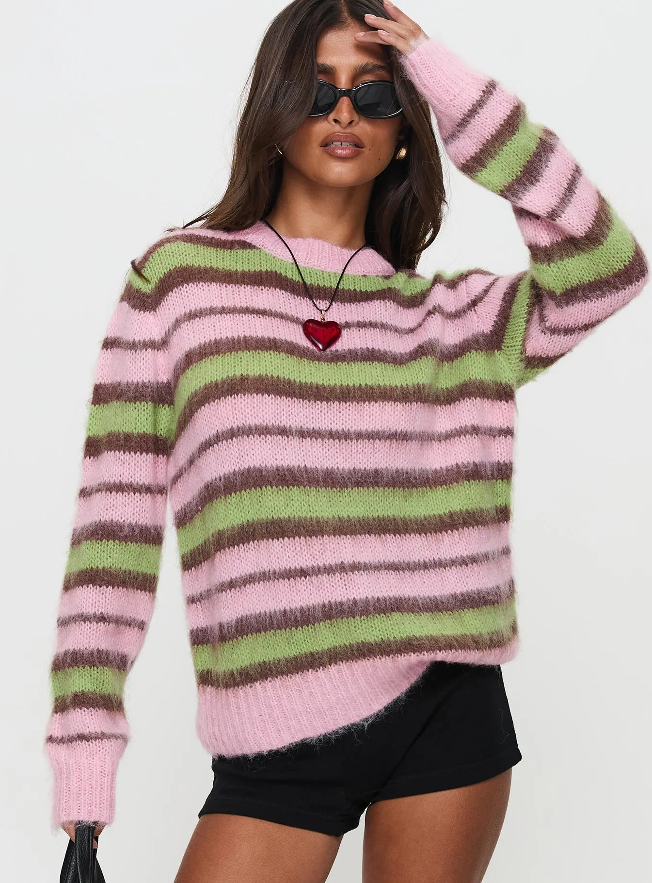 Maysie Crew Neck Knit Sweater Green / Pink sold by Princess Polly