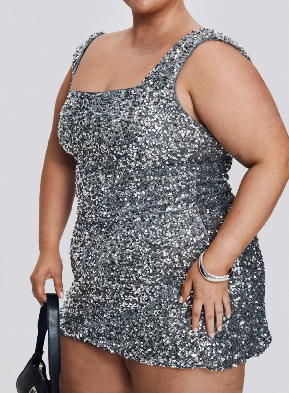 Miss Me Sequin Mini Dress Silver Curve sold by Princess Polly