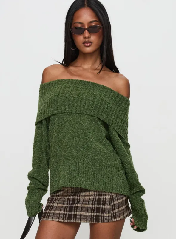 Parkley Boucle Off The Shoulder Sweater Olive sold by Princess Polly