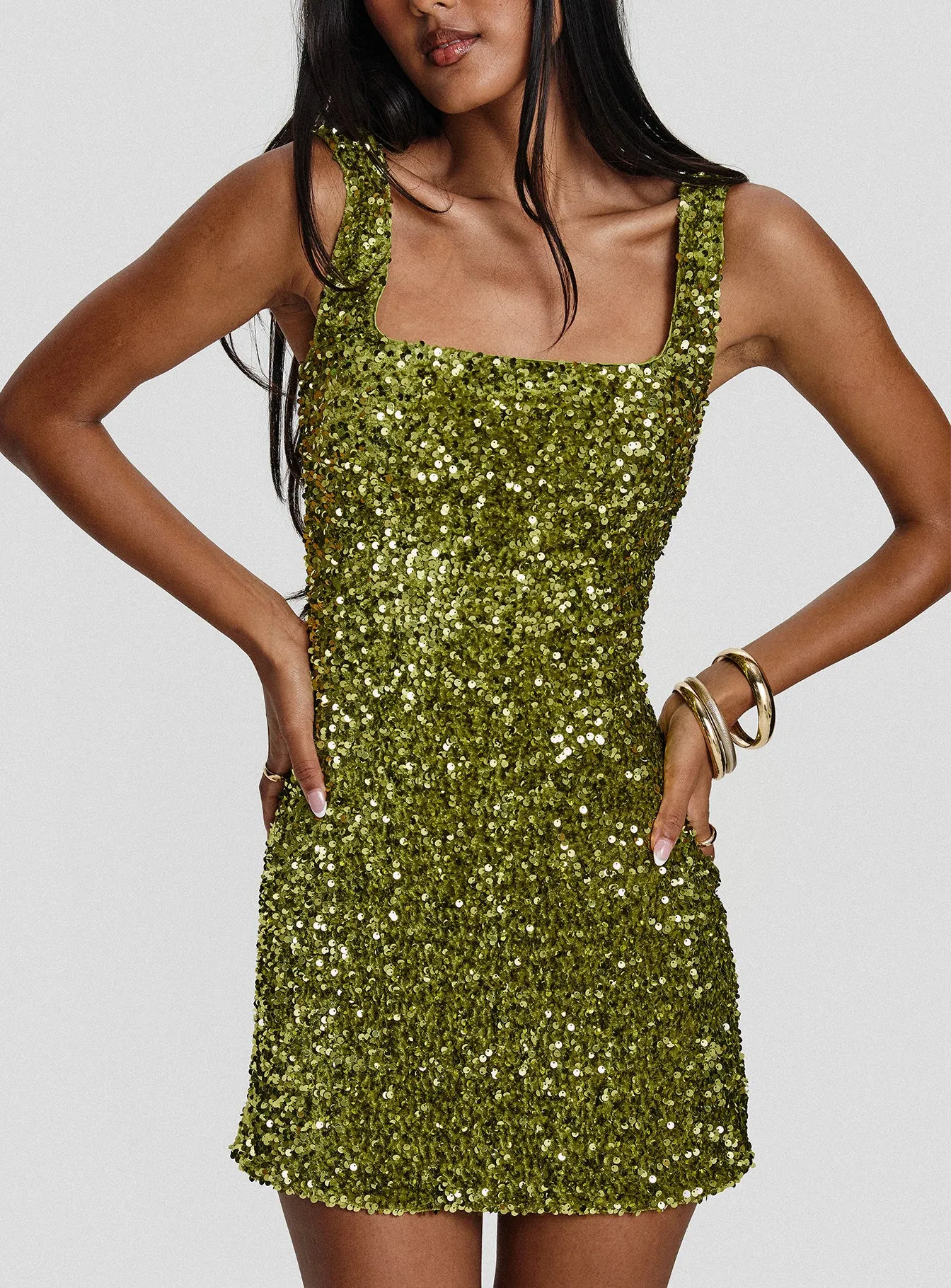 Miss Me Sequin Mini Dress Chartreuse sold by Princess Polly
