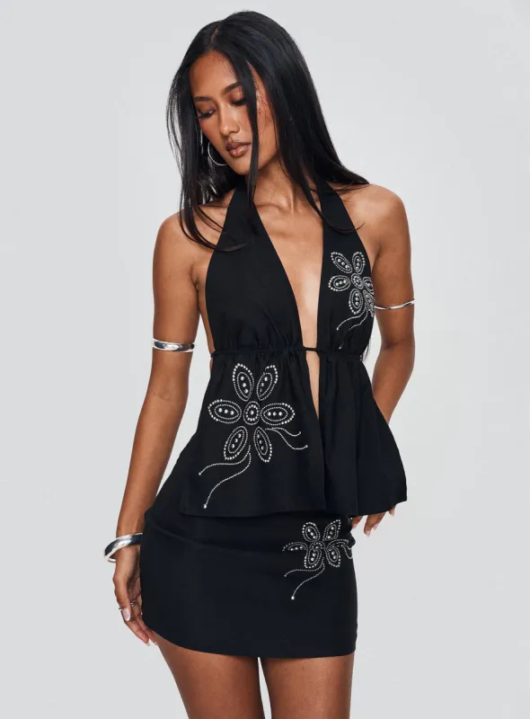 Quotation Diamante Halter Backless Top Black sold by Princess Polly