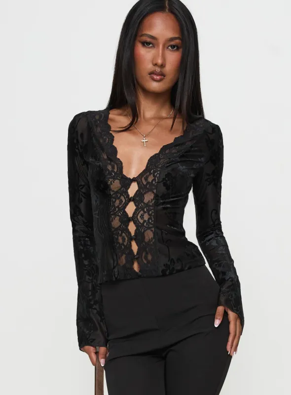Find An Angel Long Sleeve Lace Trim Top Black sold by Princess Polly