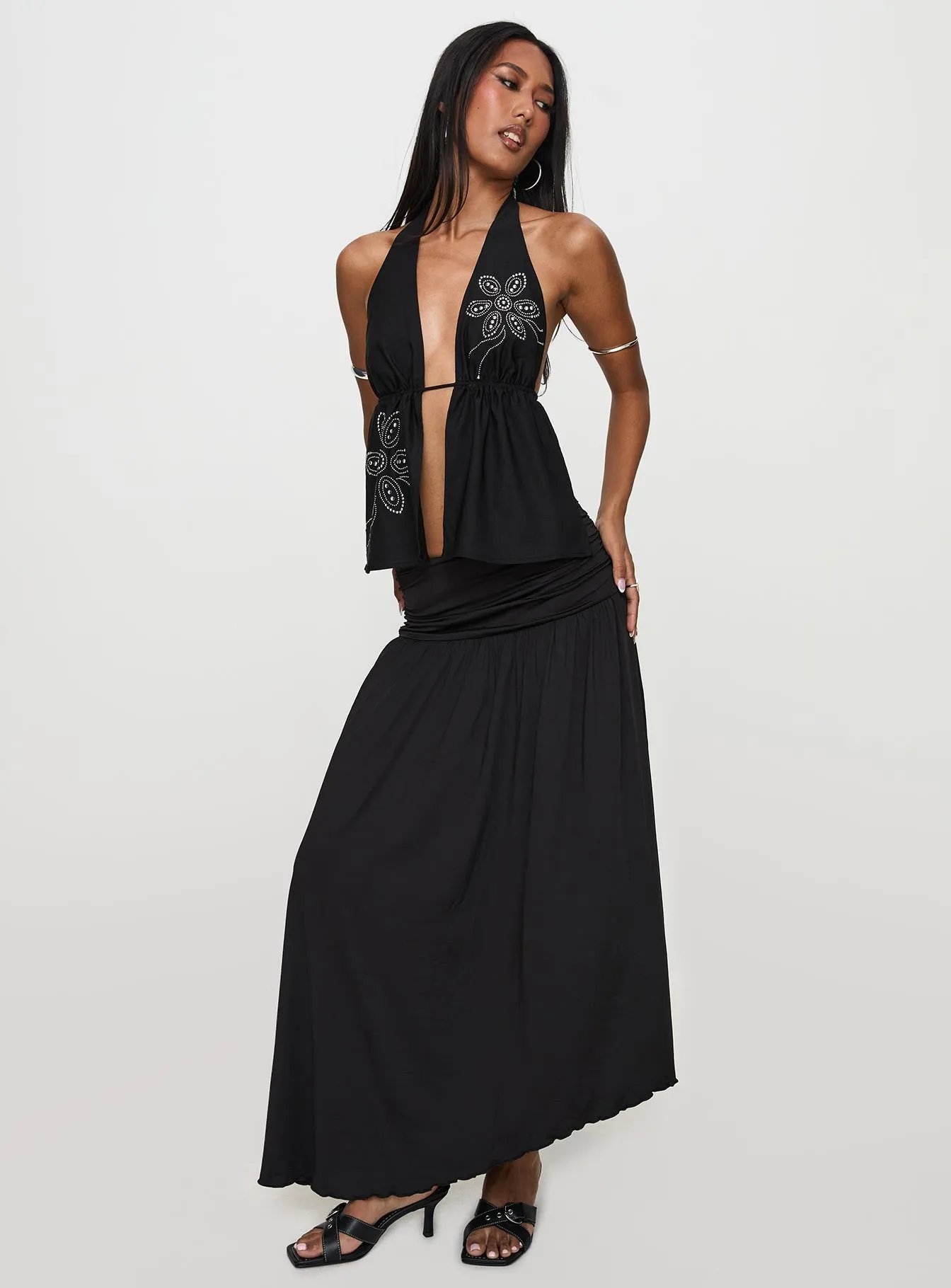 Gezabele Asymmetrical Maxi Skirt Black sold by Princess Polly