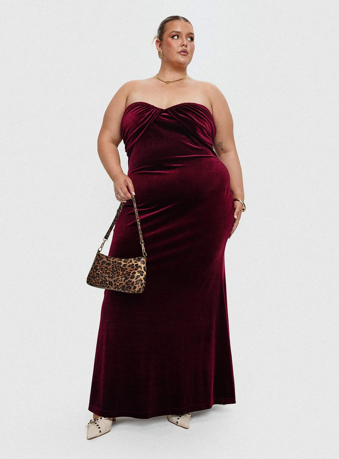 Irena Strapless Maxi Dress Burgundy Curve sold by Princess Polly