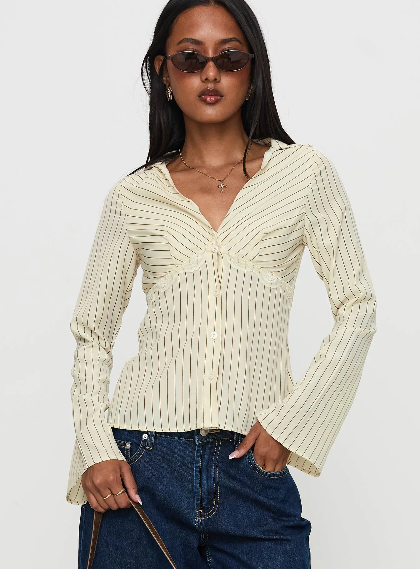 Life Begins Long Sleeve Lace Trim Top Cream Stripe sold by Princess Polly product image thumbnail 2