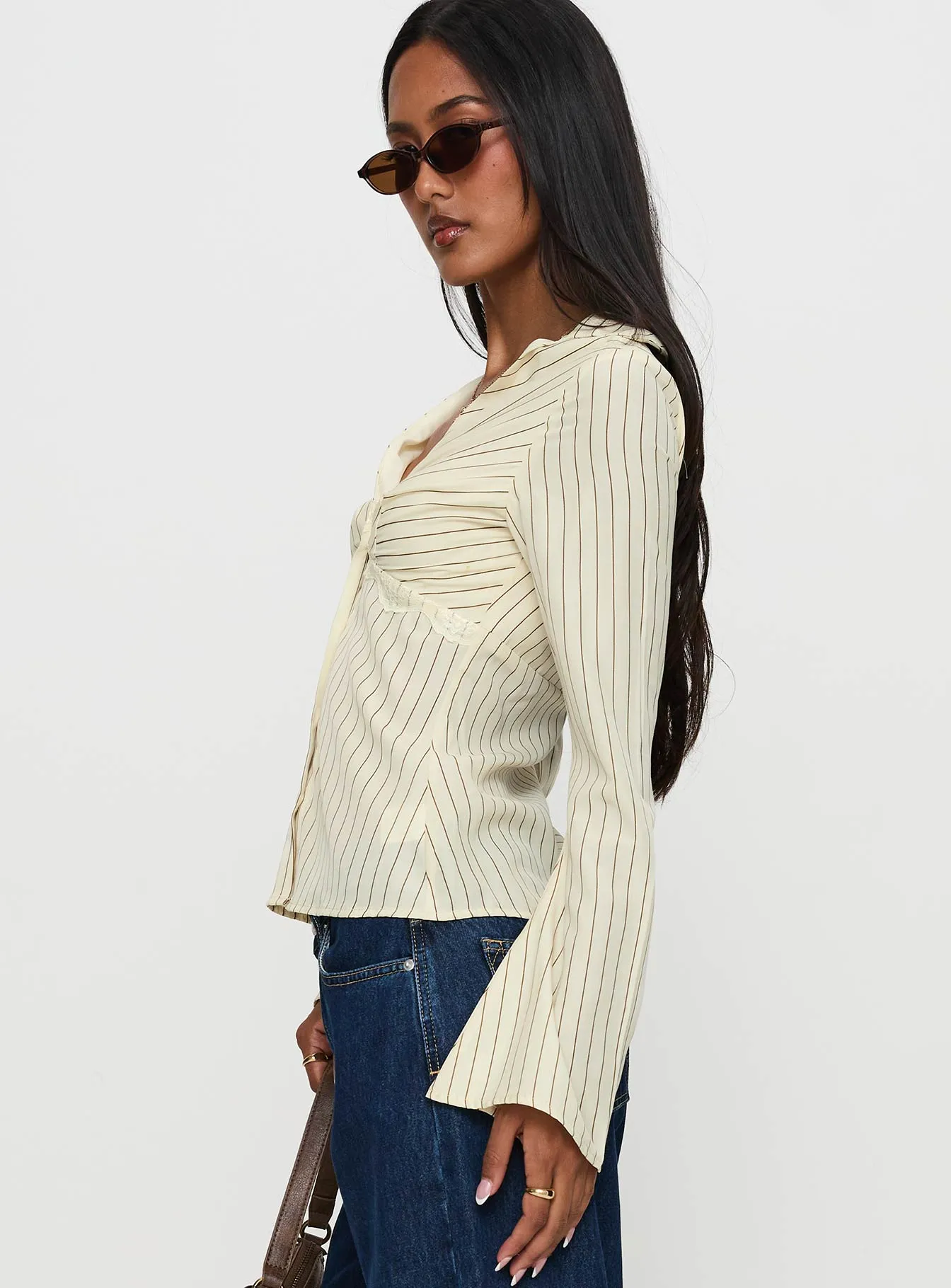 Life Begins Long Sleeve Lace Trim Top Cream Stripe sold by Princess Polly product image thumbnail 4