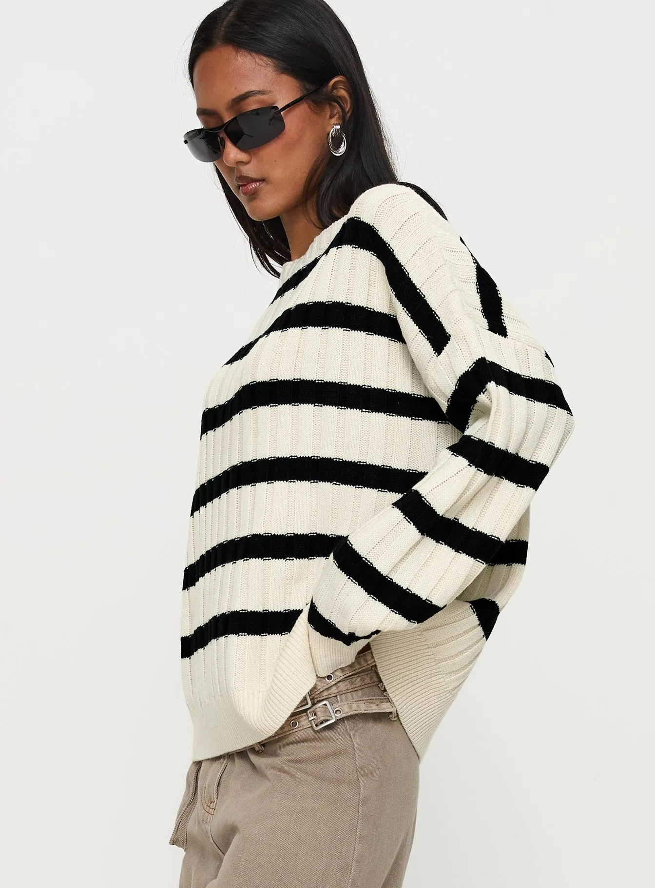 Elenita Wide Neck Knit Sweater Black / White sold by Princess Polly product image thumbnail 4