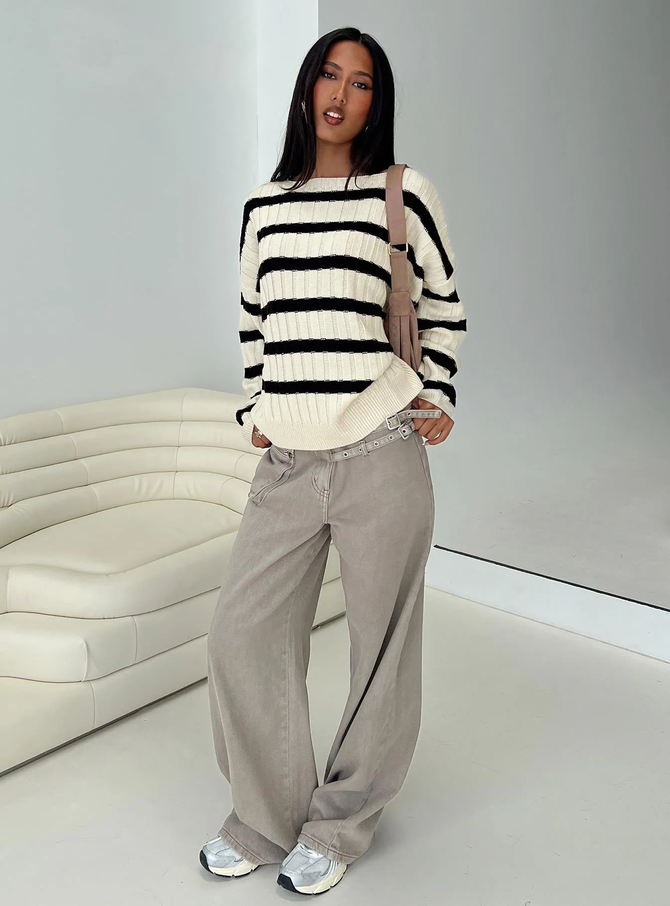 Elenita Wide Neck Knit Sweater Black / White sold by Princess Polly