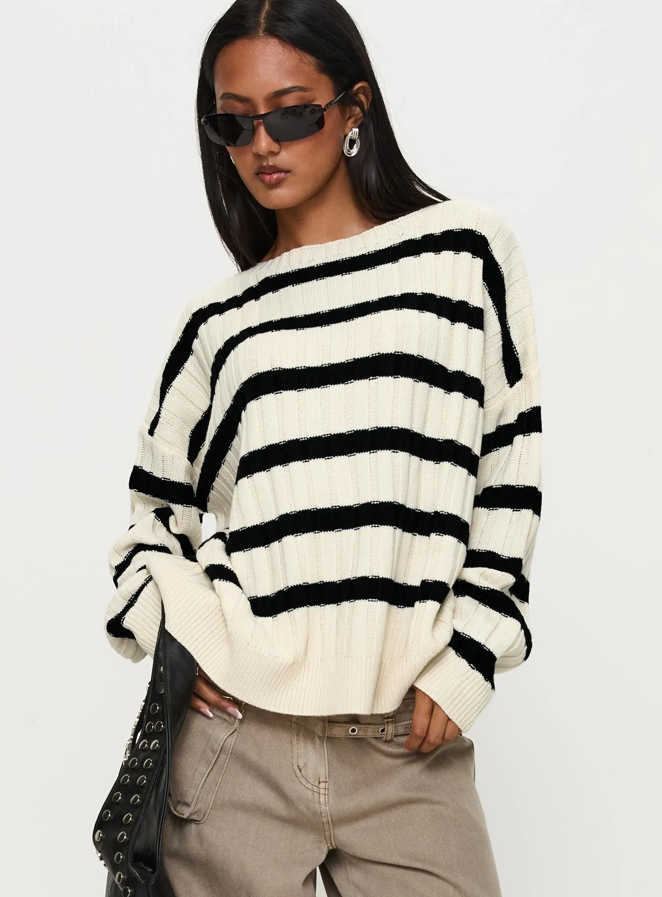 Elenita Wide Neck Knit Sweater Black / White sold by Princess Polly product image thumbnail 2