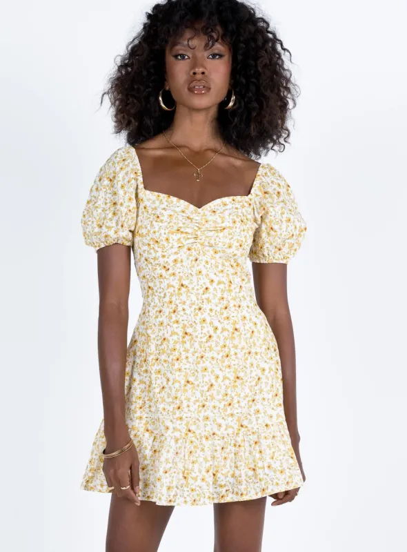 Kaori Mini Dress Yellow Floral sold by Princess Polly