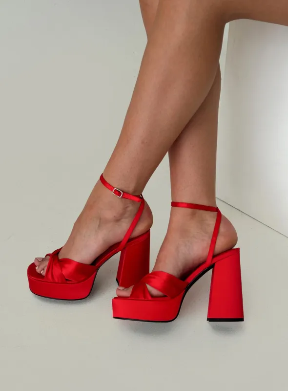 Everlasting Satin Platform Heels Red sold by Princess Polly