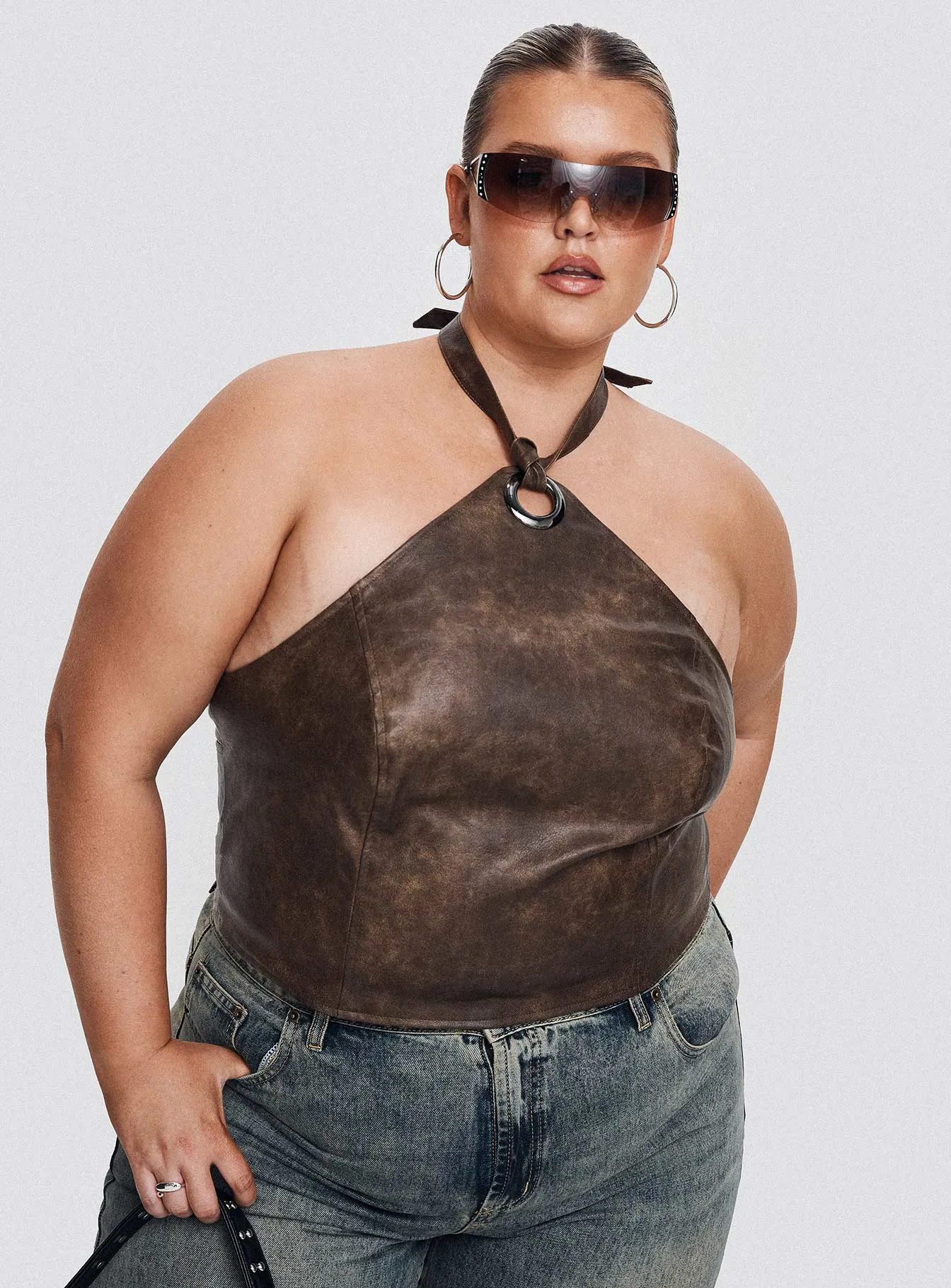 Treat You Better Ring Detail Faux Leather Top Brown Curve sold by Princess Polly
