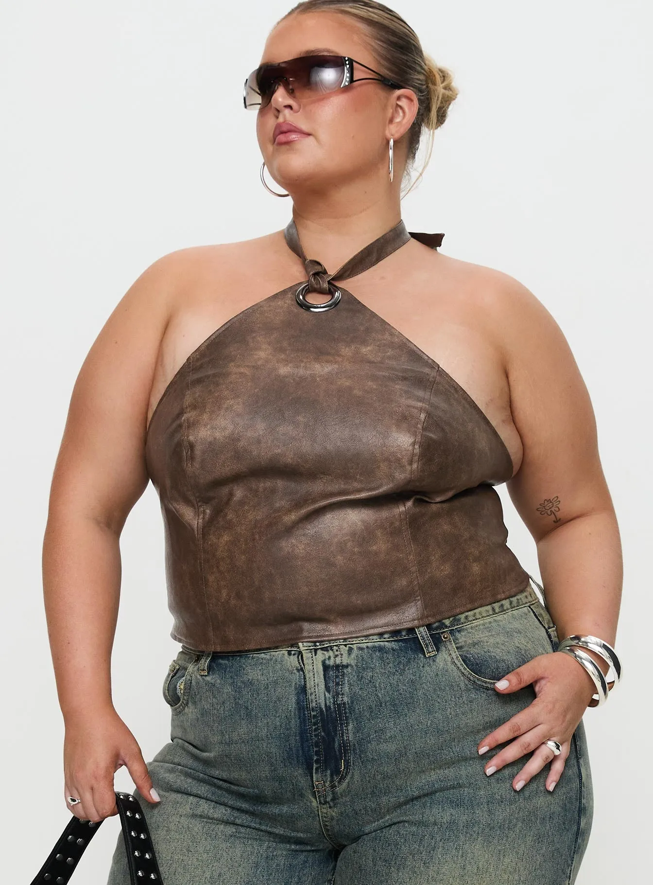 Treat You Better Ring Detail Faux Leather Top Brown Curve sold by Princess Polly product image thumbnail 2
