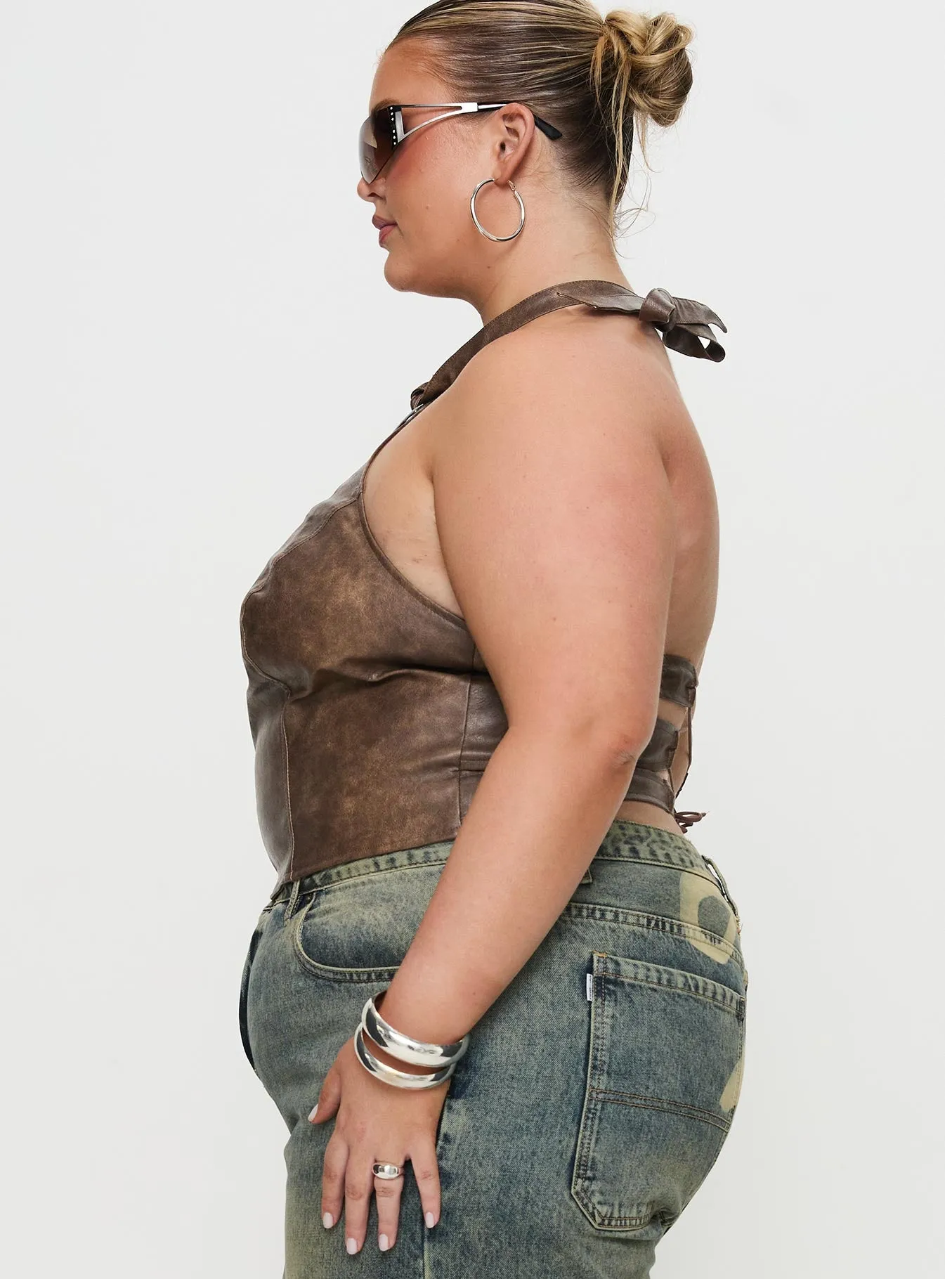 Treat You Better Ring Detail Faux Leather Top Brown Curve sold by Princess Polly product image thumbnail 4