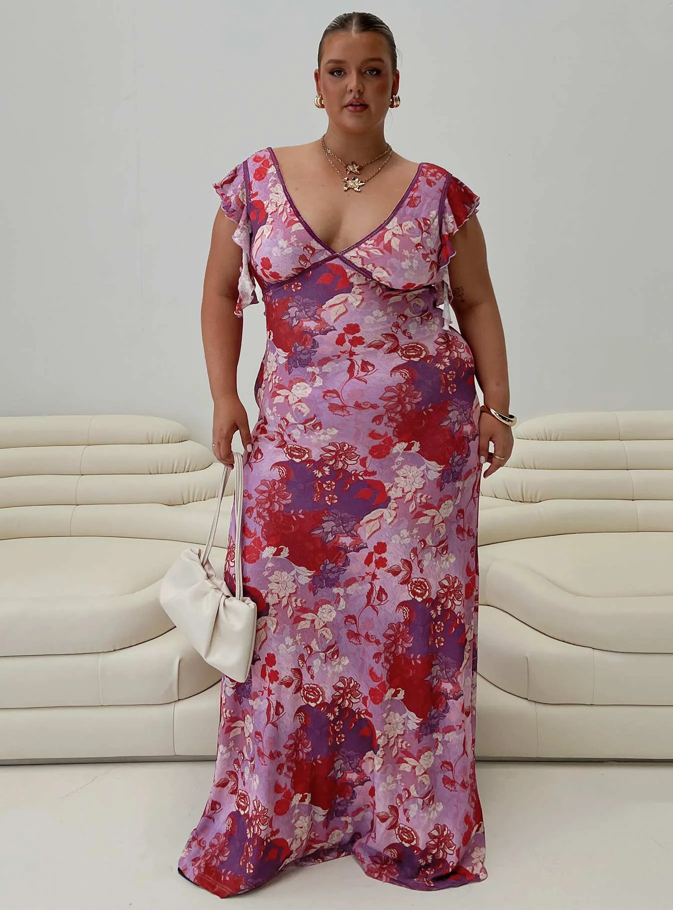 Soleila Maxi Dress Purple Multi Curve sold by Princess Polly