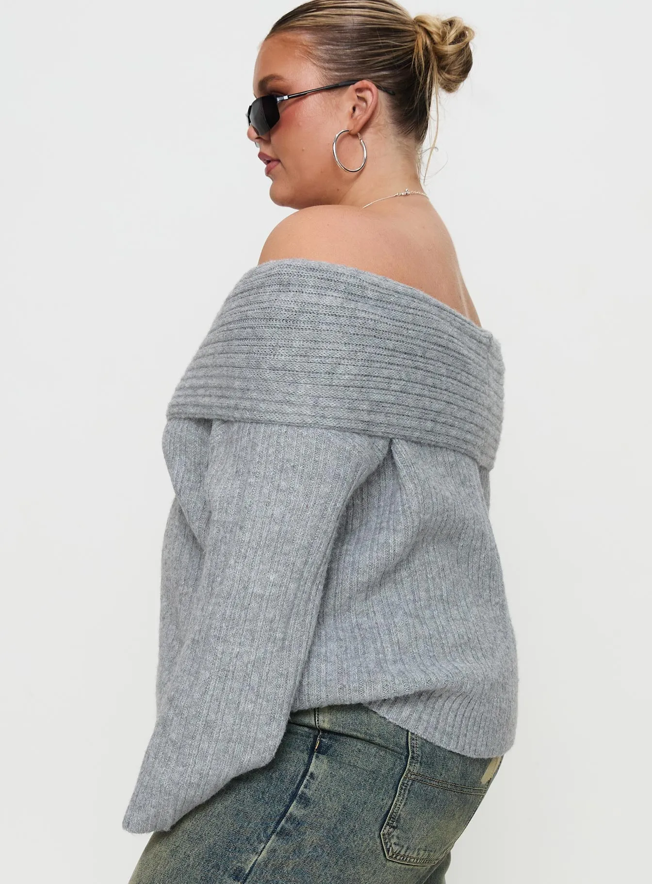 Snowie Off Shoulder Knit Sweater Grey Curve sold by Princess Polly product image thumbnail 3