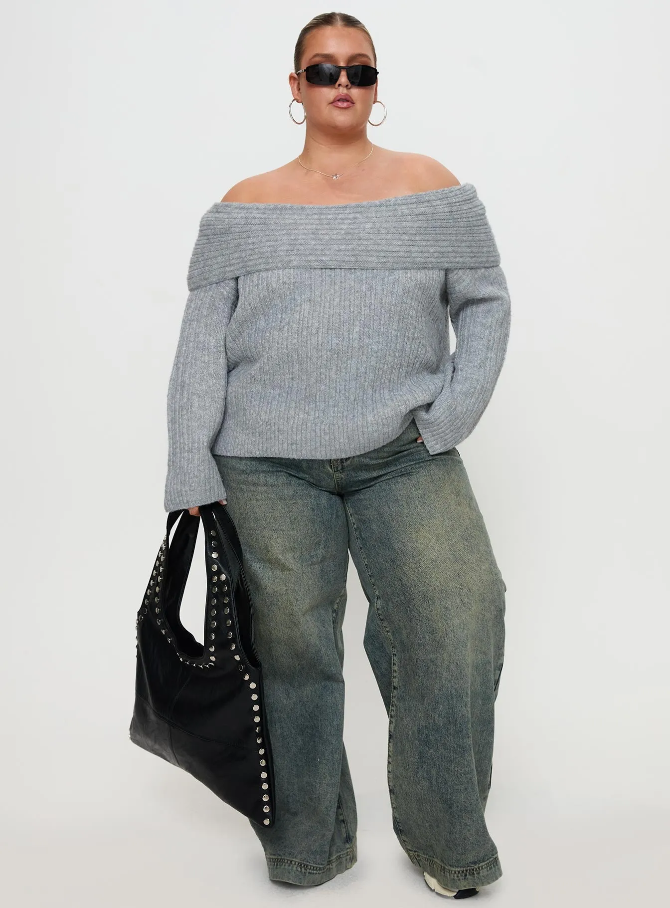 Snowie Off Shoulder Knit Sweater Grey Curve sold by Princess Polly product image thumbnail 2
