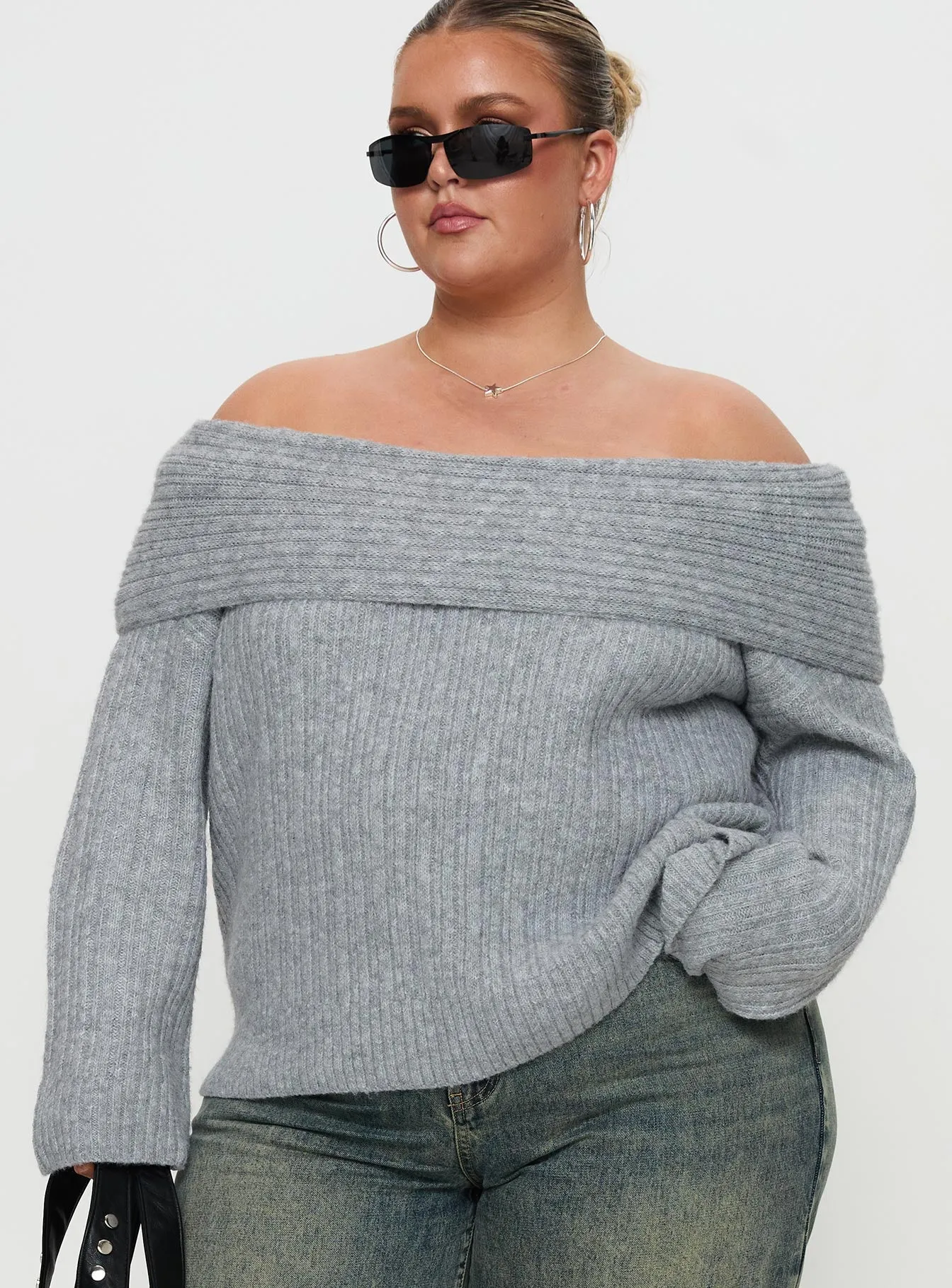 Snowie Off Shoulder Knit Sweater Grey Curve sold by Princess Polly