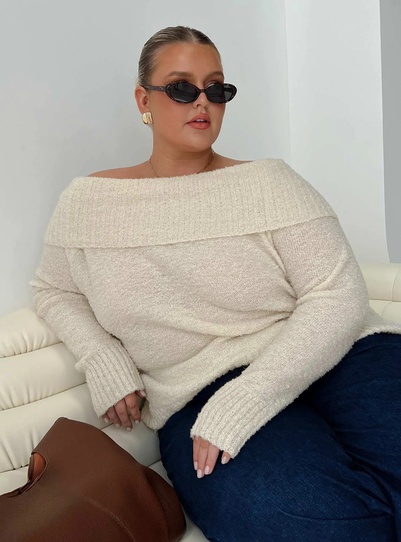 Parkley Boucle Off The Shoulder Cream Curve sold by Princess Polly