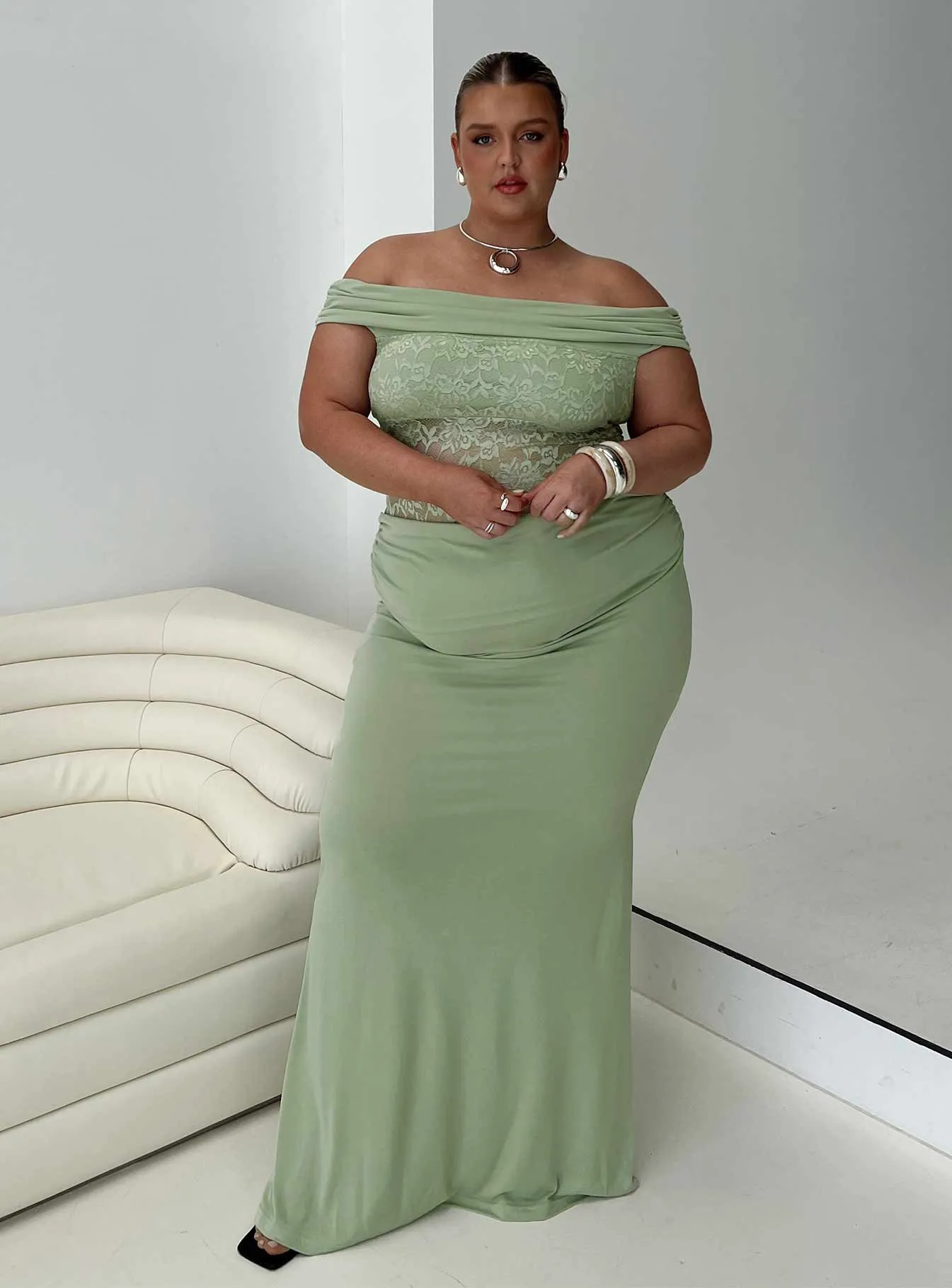Gwendolen Off The Shoulder Maxi Dress Green Curve sold by Princess Polly