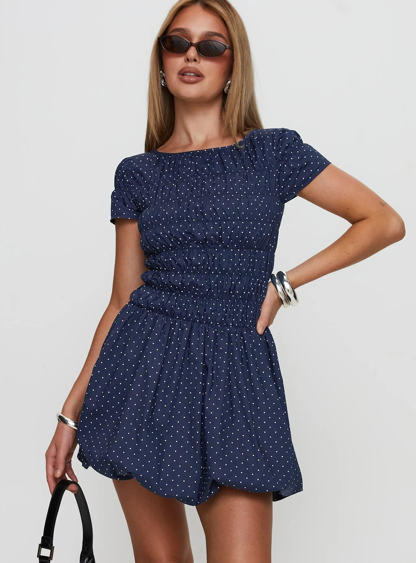 Kennedia Shirred Bubble Hem Mini Dress Navy sold by Princess Polly