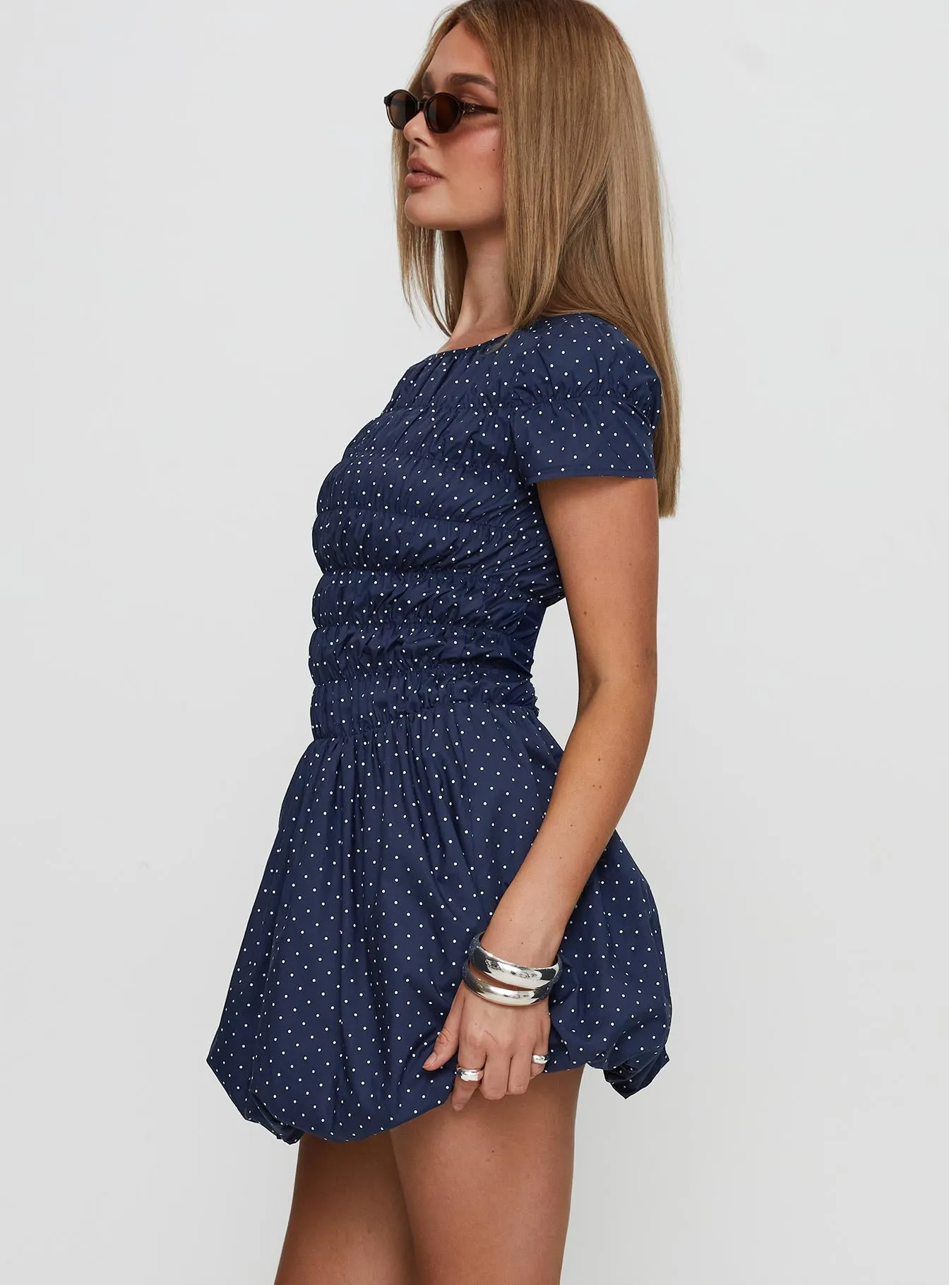 Kennedia Shirred Bubble Hem Mini Dress Navy sold by Princess Polly product image thumbnail 3